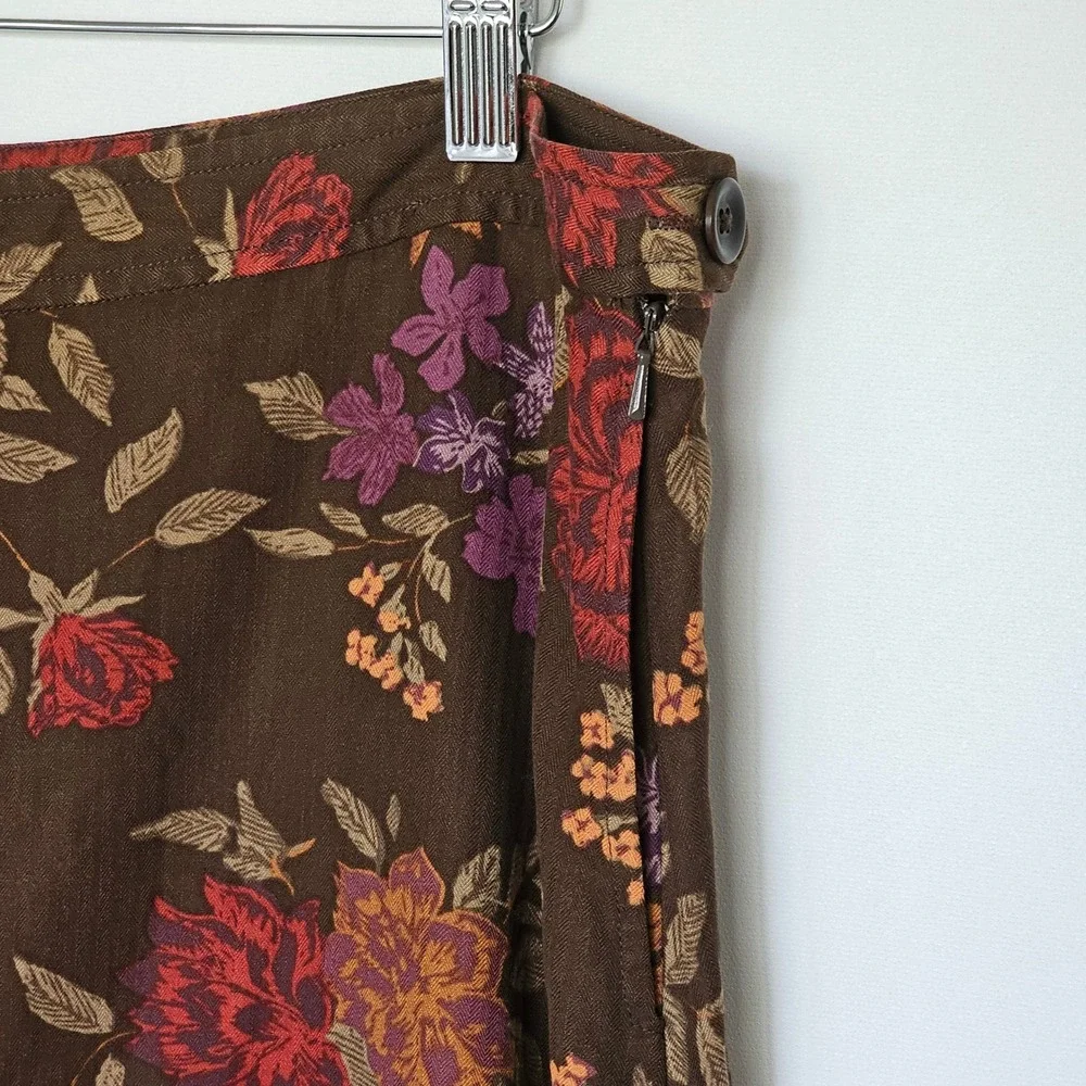 Vtg Eddie Bauer Silk Midi Skirt 16P Brown Dark Floral Earthy Fall Cottage Boho